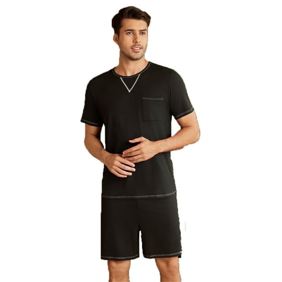 Men's Short-Sleeved Short Pants Set Casual Round-Neck Solid Color