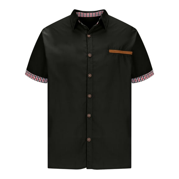 Men's short-sleeved striped loose polo shirt solid color casual button-down shirt with pockets