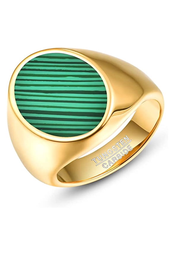 Men's signet Ring Gold Plated Tungsten Carbide Ring, Green Malachite/black Surface Size 7-12