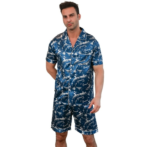 Men's silk satin pajama set short-sleeved buttons pajamas (with pockets)