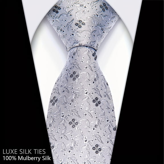 Men's silk tie, silver floral pattern, 3.15-inch premium elegant silk satin tie, boxed set—exquisite quality, a gentleman's choice; an ideal gift for Father's Day and New Year's.