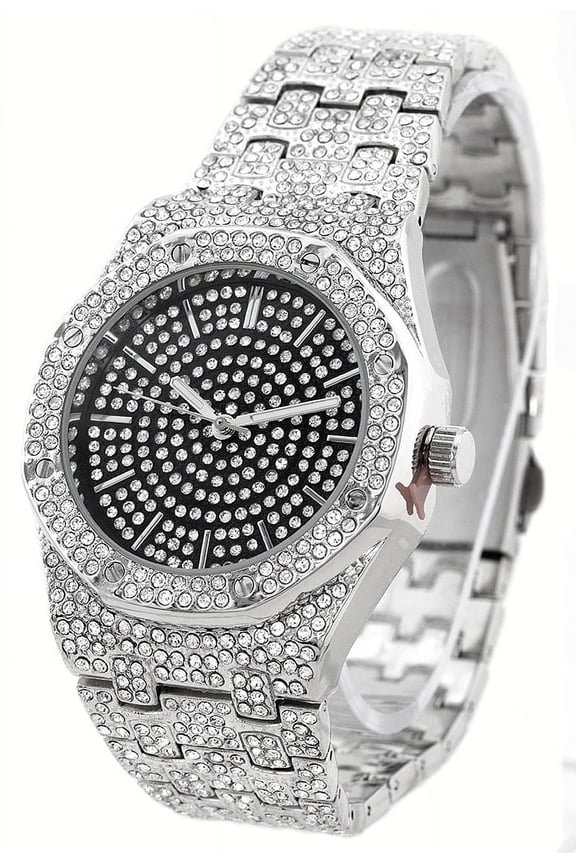 Men's silver tone CZ ice out clubbing watch 42mm 11mm thick case.