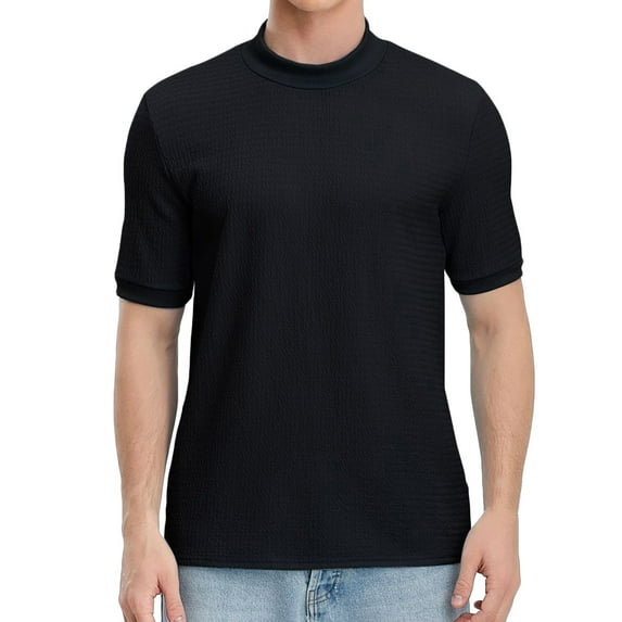 Men's simple T-shirt casual knitted short-sleeved solid color knitted water ripple stand collar top