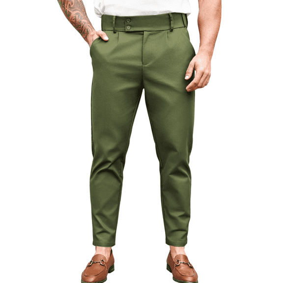 Men's slim-fit casual trousers, flat-front, stretchy tapered zipper pants, solid color, long pants with pockets