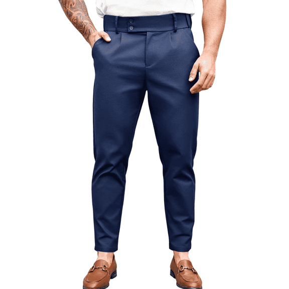 Men's slim-fit casual trousers, flat-front, stretchy tapered zipper pants, solid color, long pants with pockets