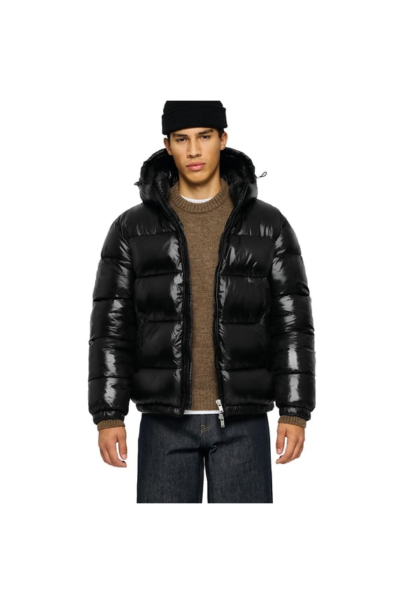 Men's smooth down jacket, loose fit, adjustable hood, inner pocket coat