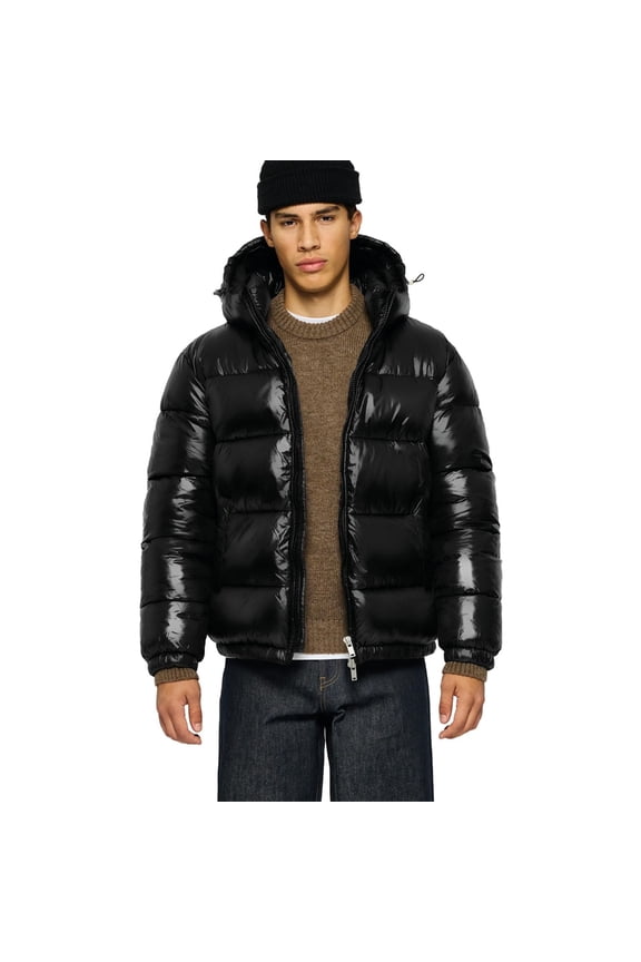 Men's smooth down jacket, loose fit, adjustable hood, shiny material, inner pocket coat