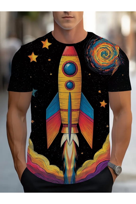 Men's space rocket T-shirt, colorful galaxy printed short-sleeved T-shirt, suitable for casual wear at home or cafes, light blended fabric, comfortable and durable design, good choice for daily wear