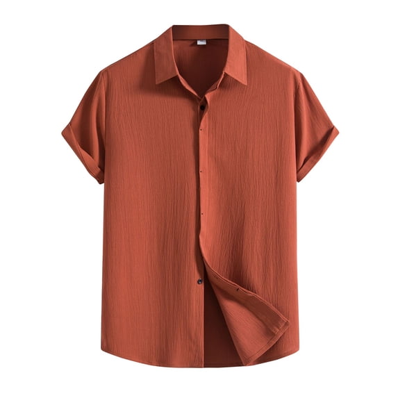 Men's spring and summer casual solid color short-sleeved shirt loose lapel shirt Light Brown 2X