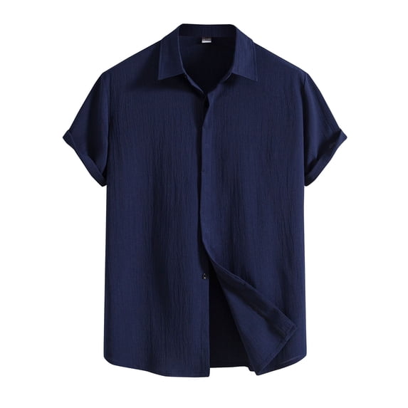 Men's spring and summer casual solid color short-sleeved shirt loose lapel shirt Navy L