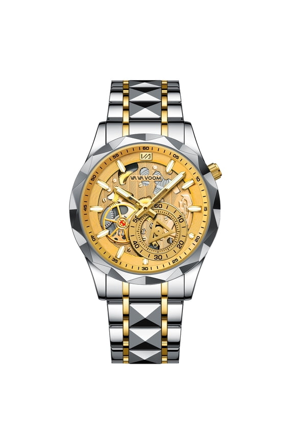 New Men's Watch Stainless Steel Band Men's Watch Hollow Design Wristwatch European and American Business Simple Quartz Watch Waterproof Wristwatch Men's Model