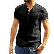 Men's stand collar cotton linen short sleeve shirt shirt