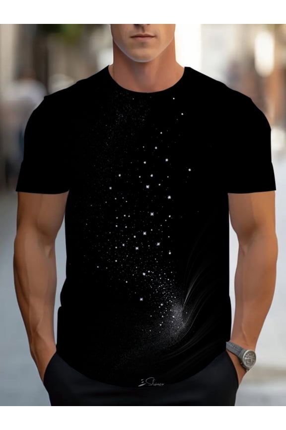 Men's star-printed black T-shirt, light and breathable, suitable for daily casual wear, ideal for outdoor activities, travel or daily use, soft fabric design, comfortable to wear