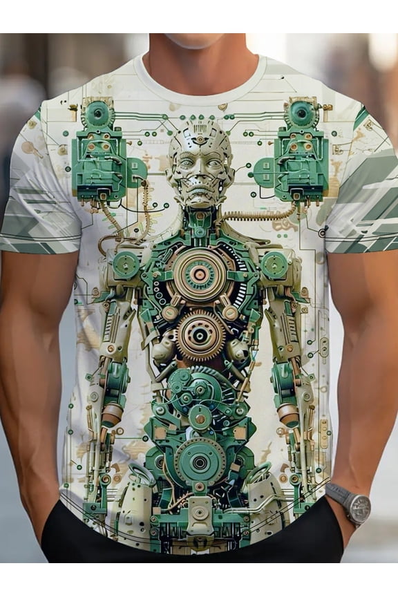 Men's steampunk robot mechanical gear printing T-shirt casual crew neck sweatshirt daily wear short-sleeved top green gold circuit design thermal transfer process durable breathable summer