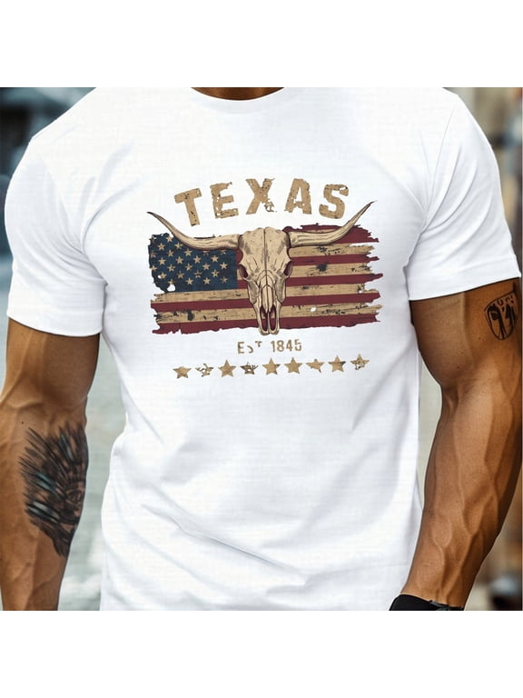 Men's summer 100 pure cotton fashionable casual loose Texas longhorn cow skull pattern printed round neck short sleeved T-shirt