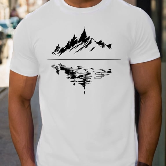 Men's summer 100 pure cotton fashionable casual loose fit plus mountain reflection printed round neck short sleeved T-shirt top