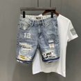 thumbnail image 1 of Men's summer cool denim shorts Boys printed holes Korean style fashion versatile casual shorts, 1 of 5