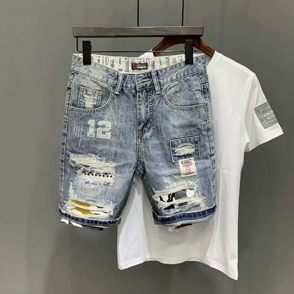 Men's summer cool denim shorts Boys printed holes Korean style fashion versatile casual shorts