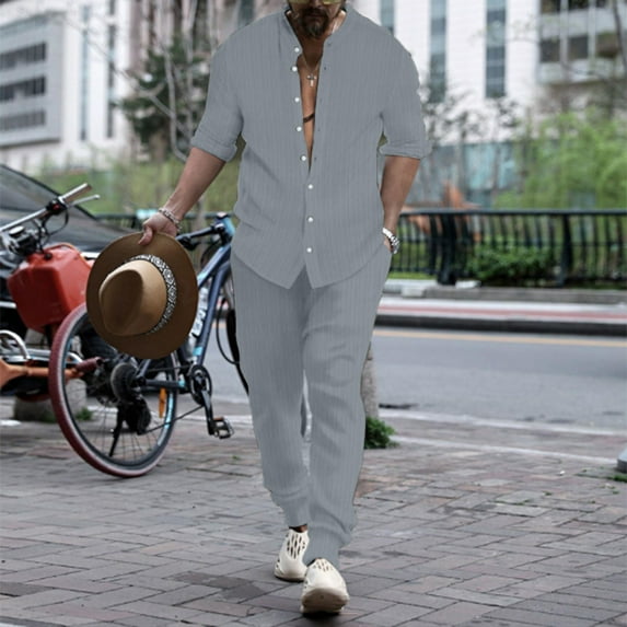 Men Summer Outfits Suit of Mens Full Suit Ladies Dress Pant Mens Jacket Dress And Tuxedo Jacket for Big Men All My Suits Men Big And Tall Hop Slim Fit for Men's Linen Shirt Sets Outfits Grey 2XL