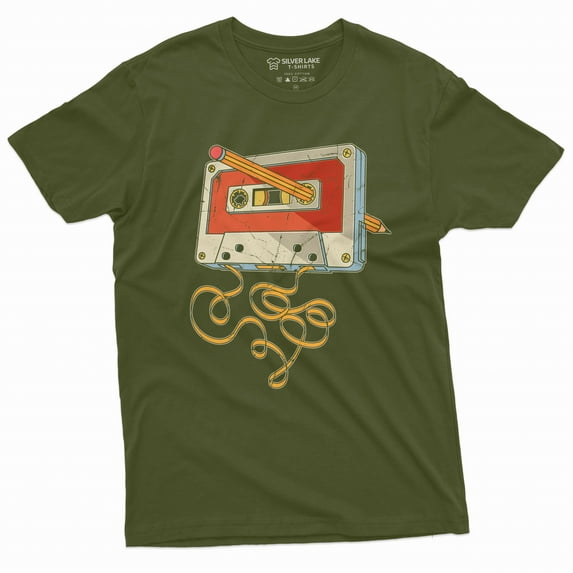 Men's vintage cassette tape with pencil T-shirt 80s 90s born nostalgic birthday gift Christmas tee (3X-Large Military Green)