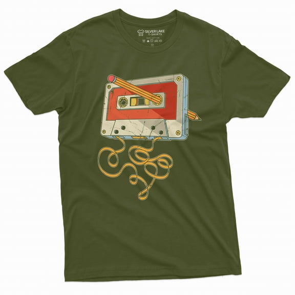 Men's vintage cassette tape with pencil T-shirt 80s 90s born nostalgic birthday gift Christmas tee (Large Military Green)