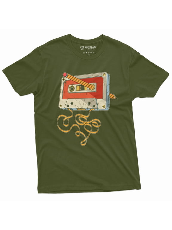Men's vintage cassette tape with pencil T-shirt 80s 90s born nostalgic birthday gift Christmas tee (Medium Military Green)