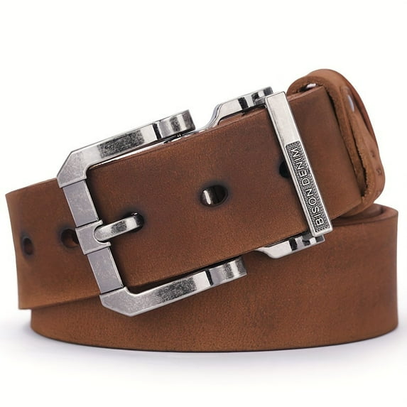 Men's vintage-style top-grain cowhide leather belt with square buckle - high-quality genuine leather, adjustable size, suitable for pairing with jeans and casual wear, brown, casual belt, vintage sty