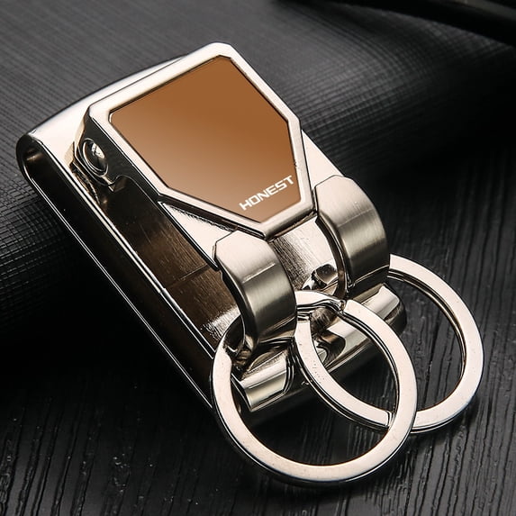Men's waist-mounted metal double ring keychain,SKU01145-白镍拉丝
