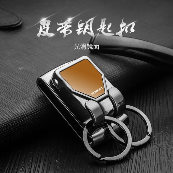 Men's waist-mounted metal double ring keychain,SKU01145-K金拉丝