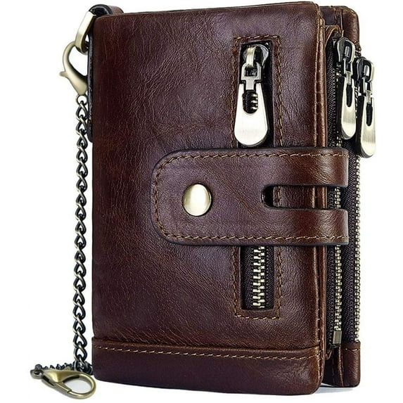 Men's wallet protection men's leather wallet with chain double fold men's wallet with coin pocket zipper wallet 16 card slots wallet (coffee)