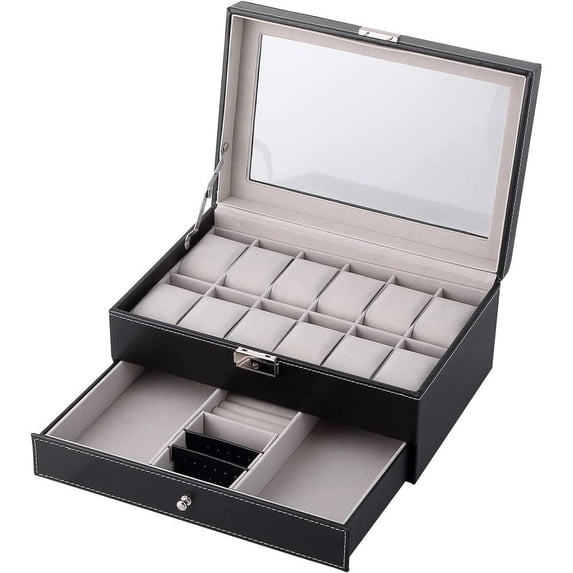 Men's watch box with 12 compartments, watch case, jewelry display case, black