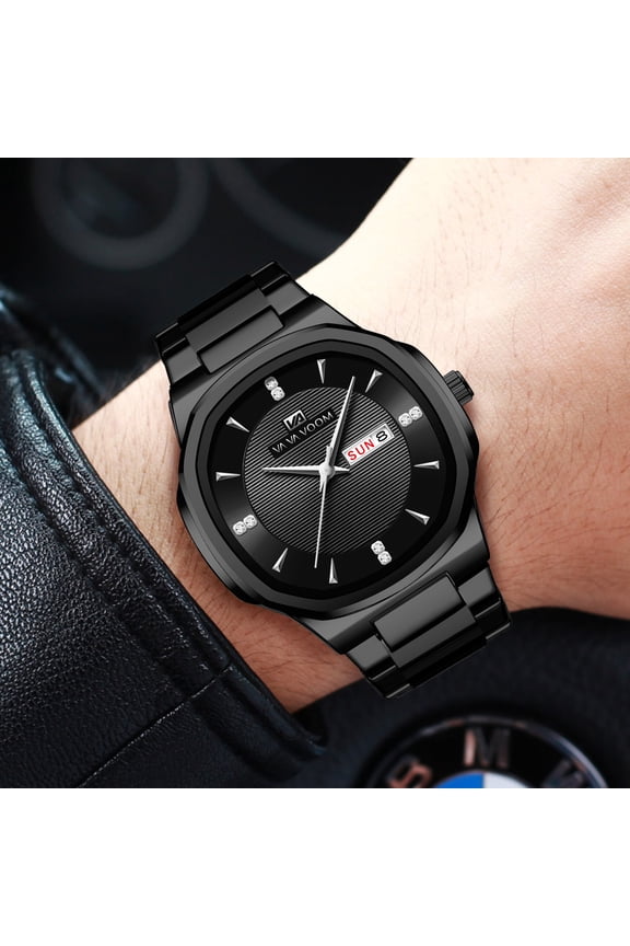 Men's watch, business casual steel chain men's quartz wristwatch, dual calendar for month and week, waterproof watch, gold simple design for men