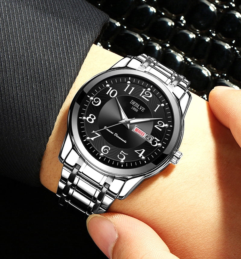 Men's watch with digital luminous display, dual calendar, alloy solid quartz watch, steel strap, waterproof, fashionable non-mechanical wristwatch for men