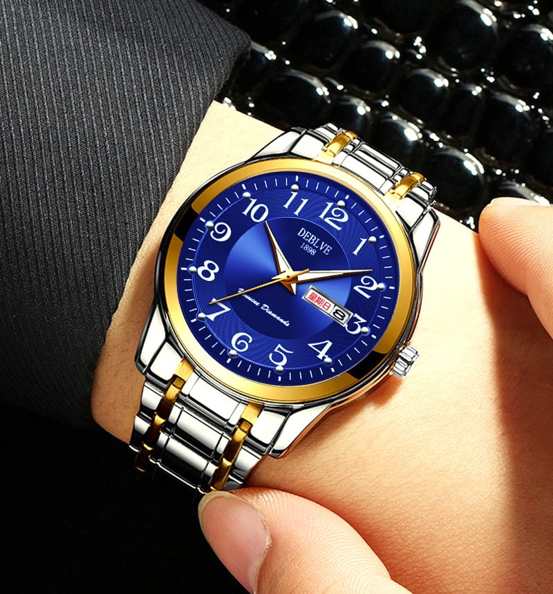 Men's watch with digital luminous display, dual calendar, alloy solid quartz watch, steel strap, waterproof, fashionable non-mechanical wristwatch for men