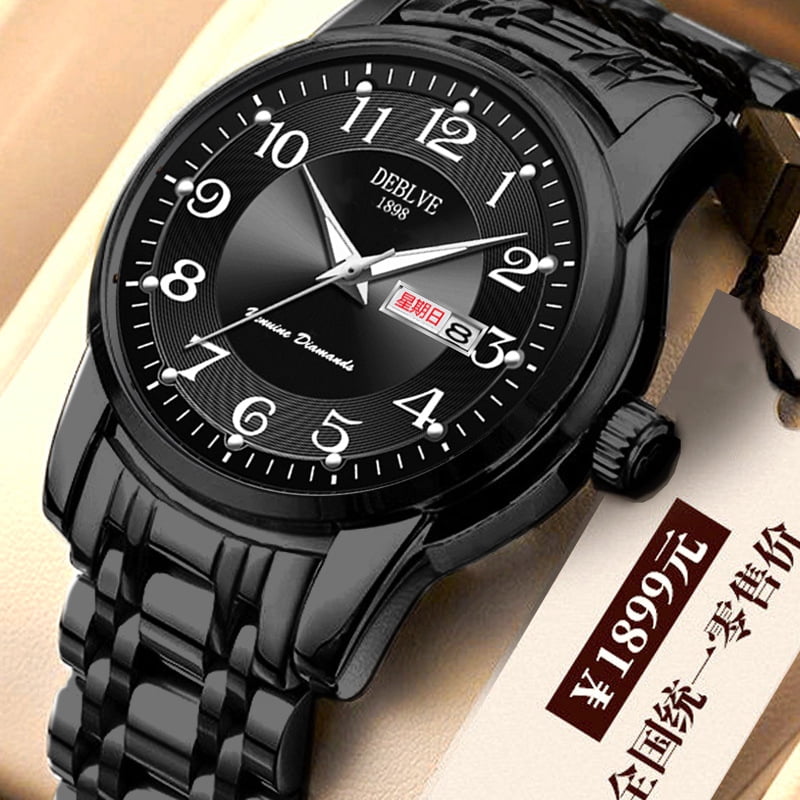Men's watch with digital luminous display, dual calendar, alloy solid quartz watch, steel strap, waterproof, fashionable non-mechanical wristwatch for men