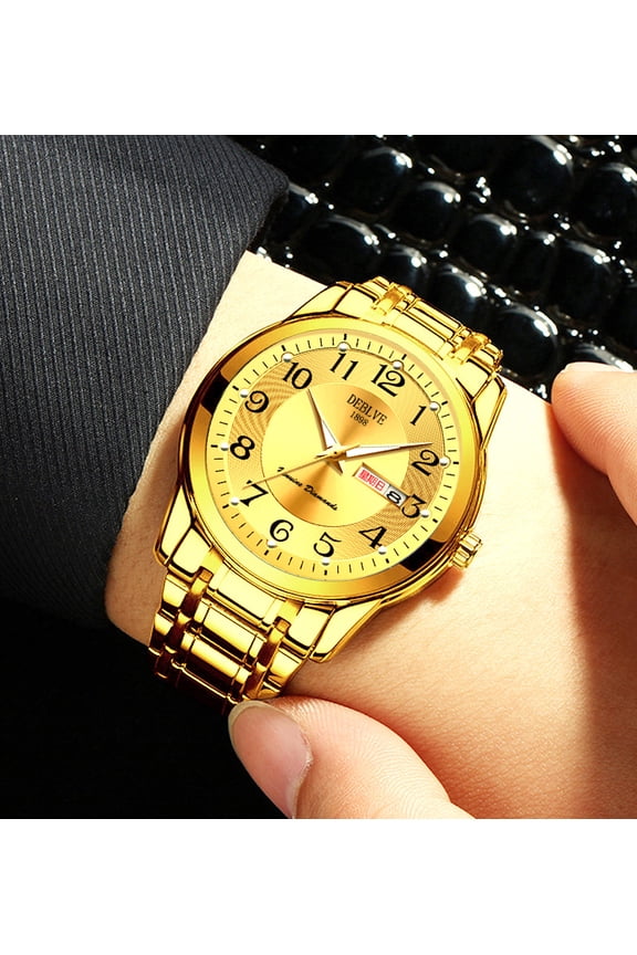 Men's watch with digital luminous display, dual calendar, alloy solid quartz watch, steel strap, waterproof, fashionable non-mechanical wristwatch for men