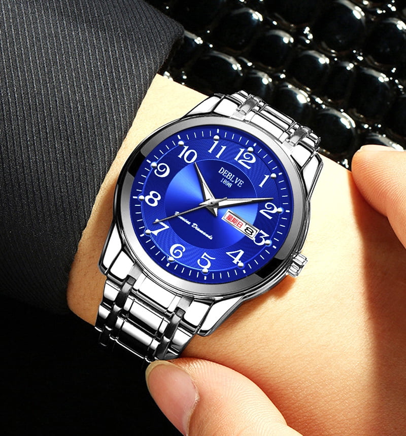 Men's watch with digital luminous display, dual calendar, alloy solid quartz watch, steel strap, waterproof, fashionable non-mechanical wristwatch for men