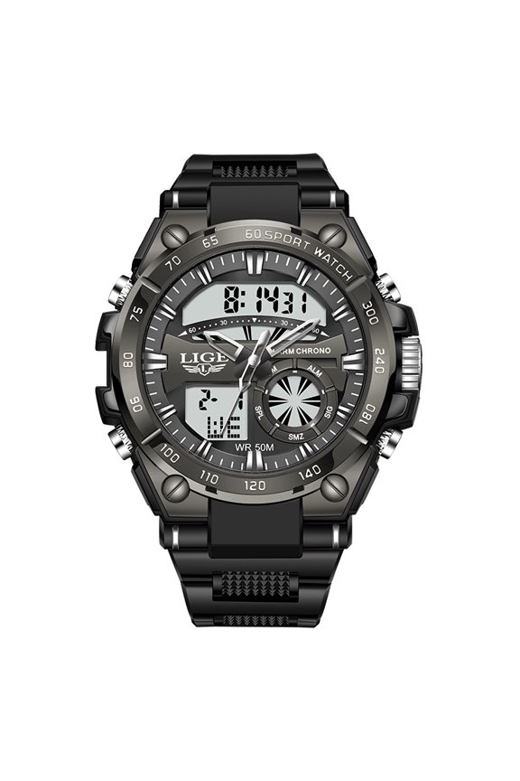 Men's watch, electronic dual-display watch, fashion watch, chronograph, alarm clock, multifunctional sports waterproof watch, business trendy watch