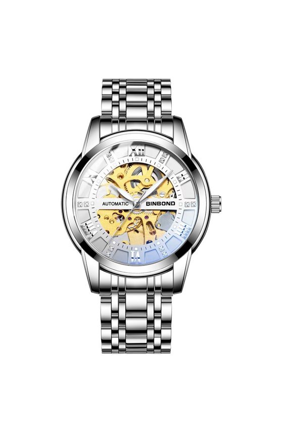 Men's watch, mechanical watch, skeleton watch, fully automatic mechanical watch, luminous, stylish, steel band, men's waterproof watch