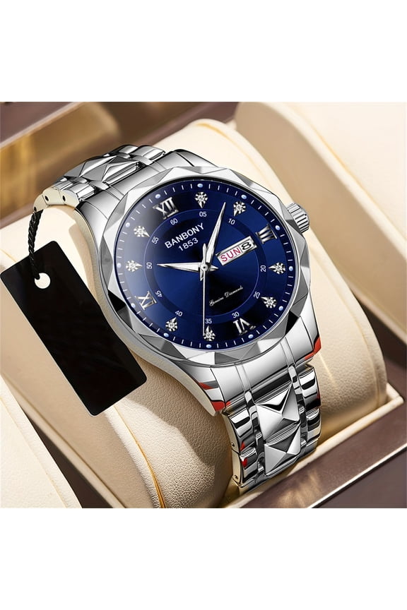 Men's watch with transparent back, hollow quartz design, dual calendar, diamond-shaped case, luminous, waterproof, fashionable men's wristwatch, trendy