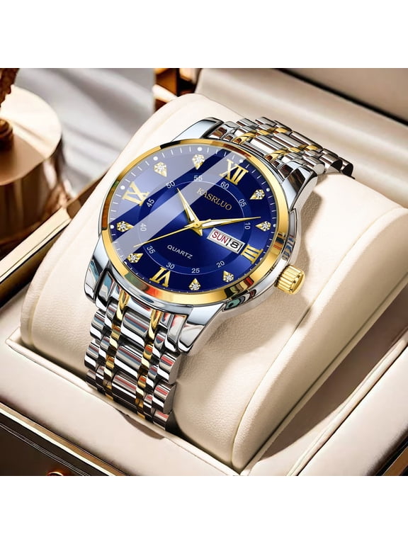 Men's watch with dual calendar, luminous, waterproof, steel band, quartz watch, large dial men's wristwatch