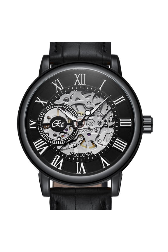 Men's watch with hollowed-out transparent back, mechanical watch with PU leather strap, non-automatic mechanical men's watch, stylish men's watch