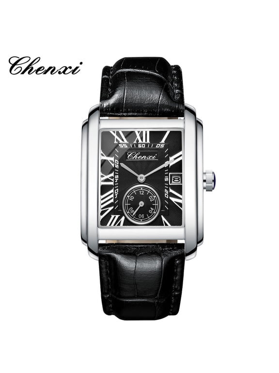 Men's watch with independent seconds hand, square calendar, leather strap, quartz watch, men's wristwatch, fashionable and trendy personalized watch