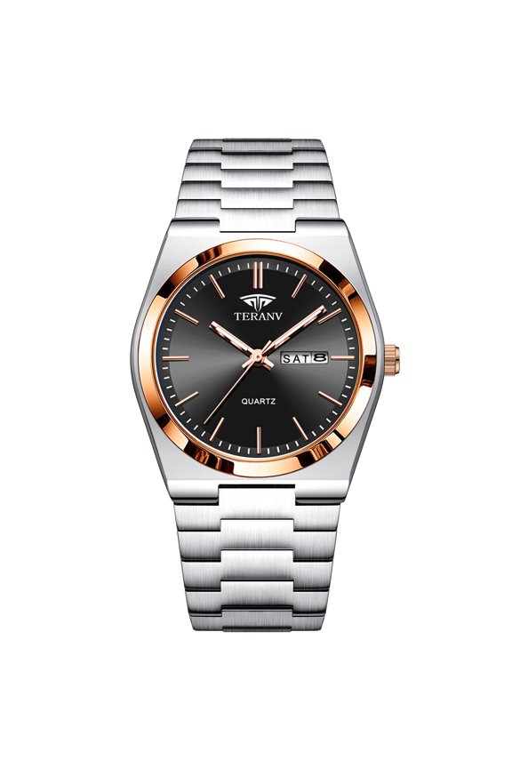 Men's watch with steel band, ultra-thin design, dual calendar, waterproof, luminous quartz watch, trendy and fashionable business men's wristwatch