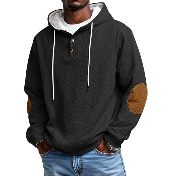 LWavelet Men's Argyle Texture Hooded Button Pullover - Elbow Patches Casual Fall Winter Top Black L