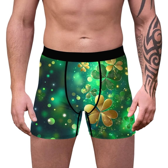 Men'sSt. Patrick'sDay Shamrock Boxer Briefs – Emerald Green Performance Underwear with Gold Foil Lucky Clover – Breathable Poly Spandex,Size M