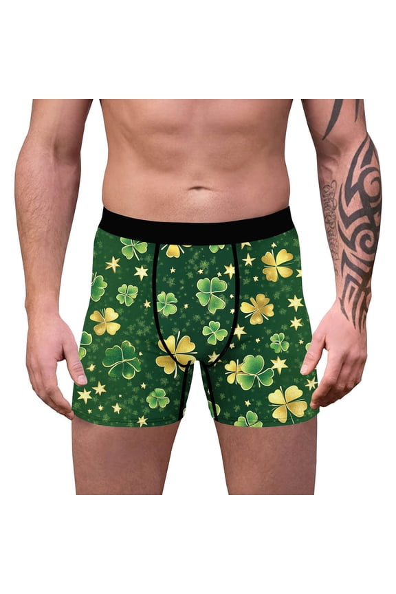Men'sSt Patricks Day Boxer Briefs Shamrock Green Gold All Over Print Novelty Holiday Underwear Moisture Wicking Stretch Fit,Size M