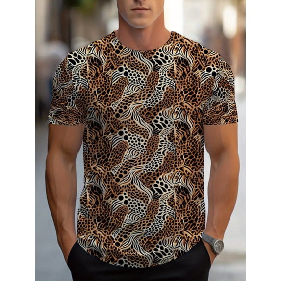 Men'sT-Shirt - Brown and Black Animal Printed Short Sleeve Crew Neck, Lightweight Summer Casual and Restaurant Wear, Durable and Comfortable Fabric Suitable for Daily Wear, Fashion Versatile Top