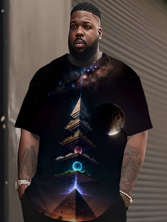 Men'sT-Shirt- Futuristic Space Design, Planets, Stars, and Mysterious Symbols, Casual Short Sleeve Crew Neck Shirt, Machine Washable, Daily Comfort Style, Durable Fabric, Plus Size