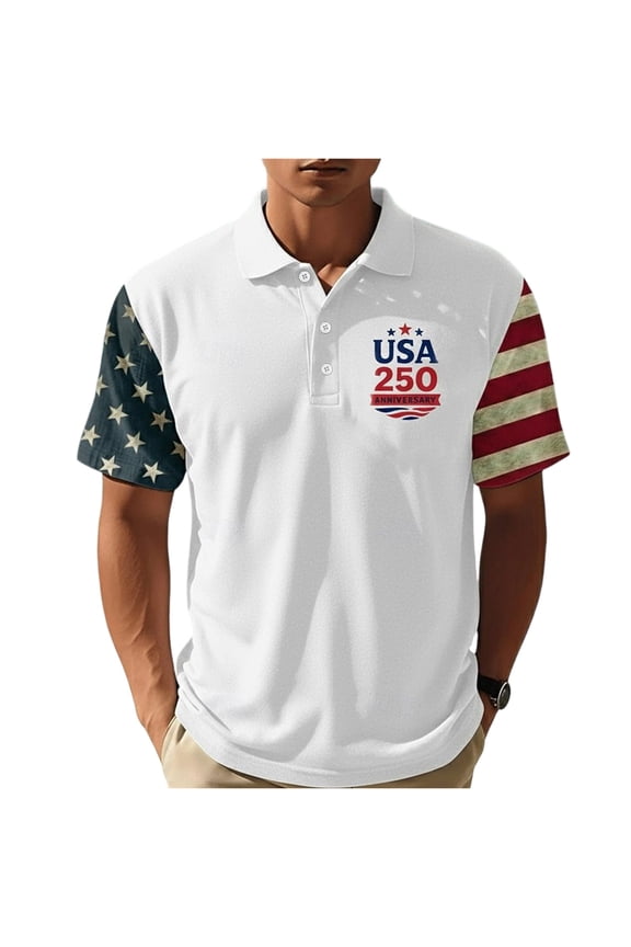 Men short sleeve polo shirt USA 250 anniversary print lapel neck button placket casual fit breathable tee top White XL